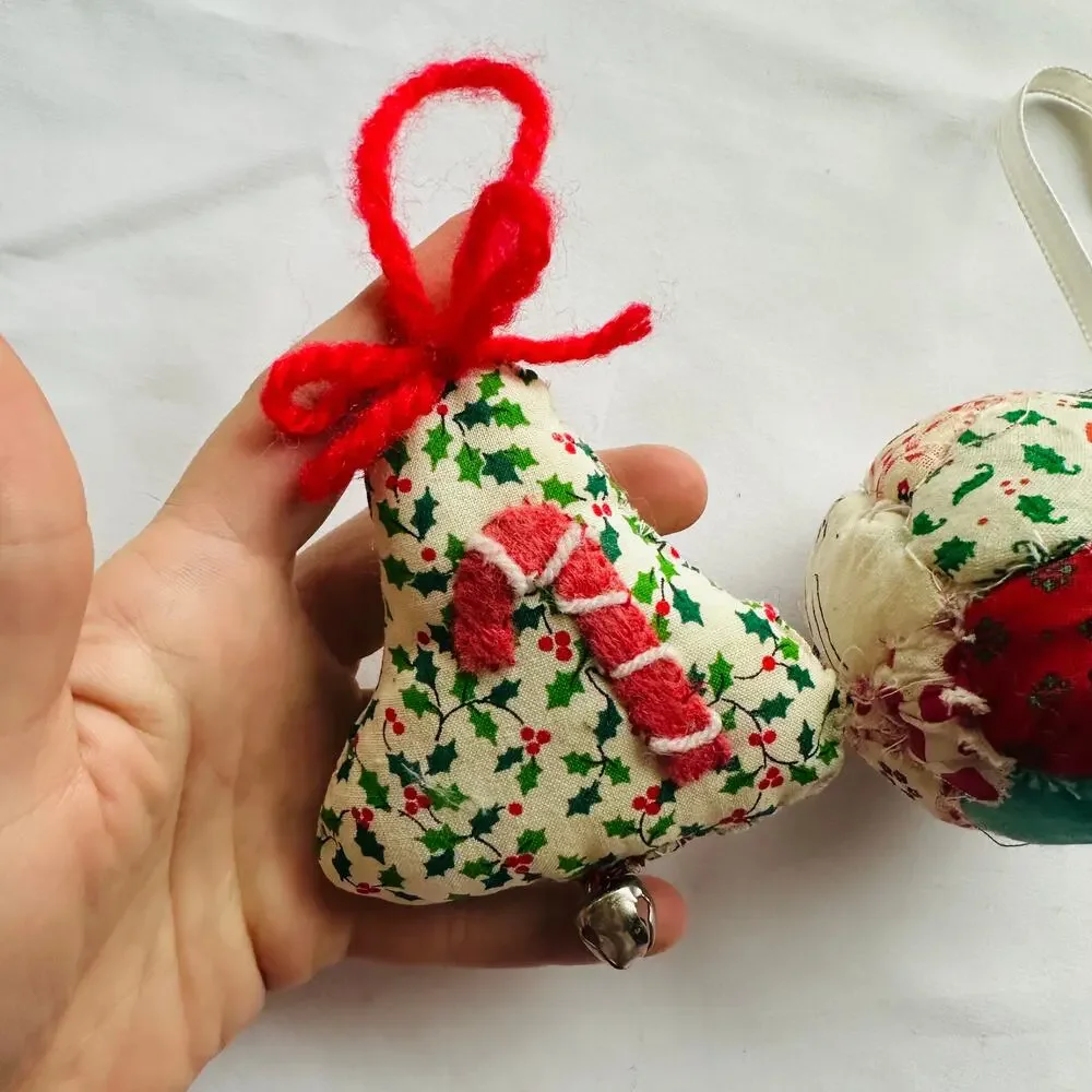 Vintage Handmade Bundle Of 2 Cottagecore Fabric Christmas Tree Ornaments